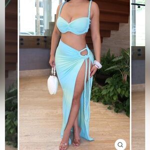 BLUE OMBRE BRAIDED STRAP ASYMMETRICAL SLIT TWO PIECE SKIRT SET